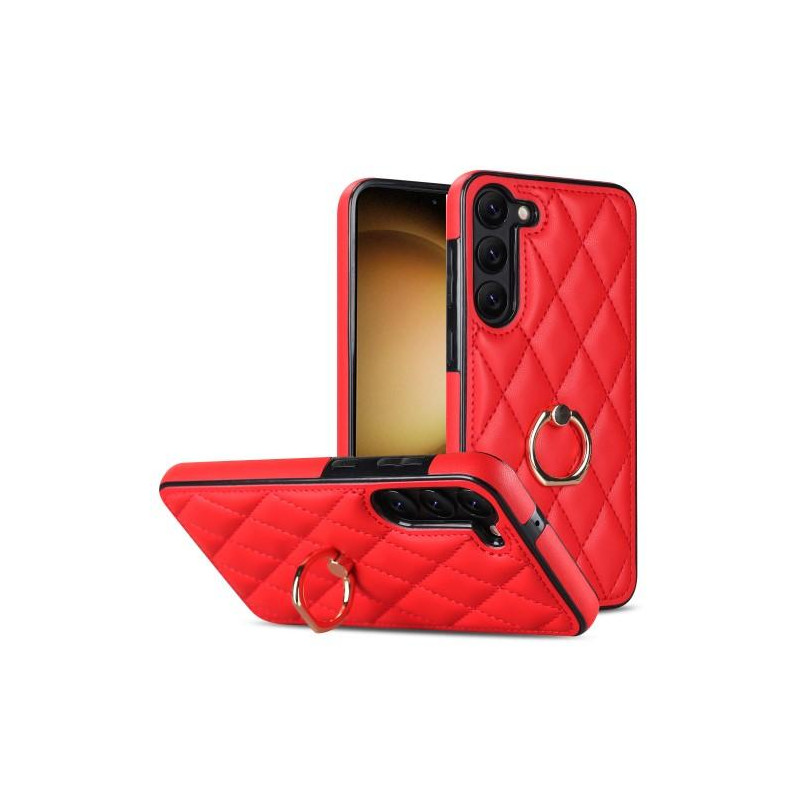 Samsung Galaxy S23 Case Rhombus Grid Pattern Back Cover Ring Kickstand - Red