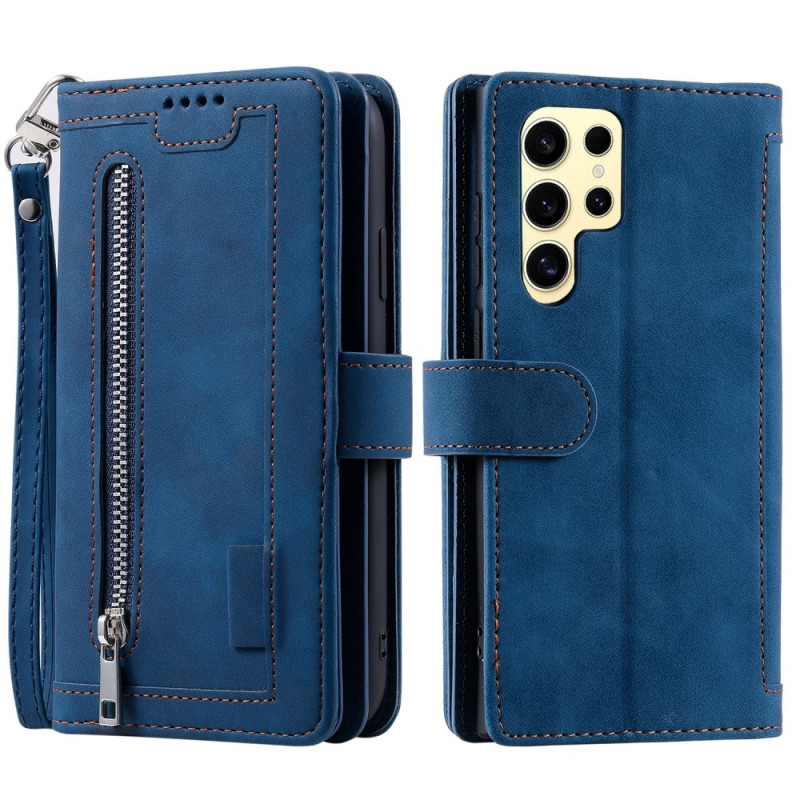 For Samsung Galaxy S25 Ultra 5G Case Zipper Pocket PU Leather Phone Cover with 9 Card Slots