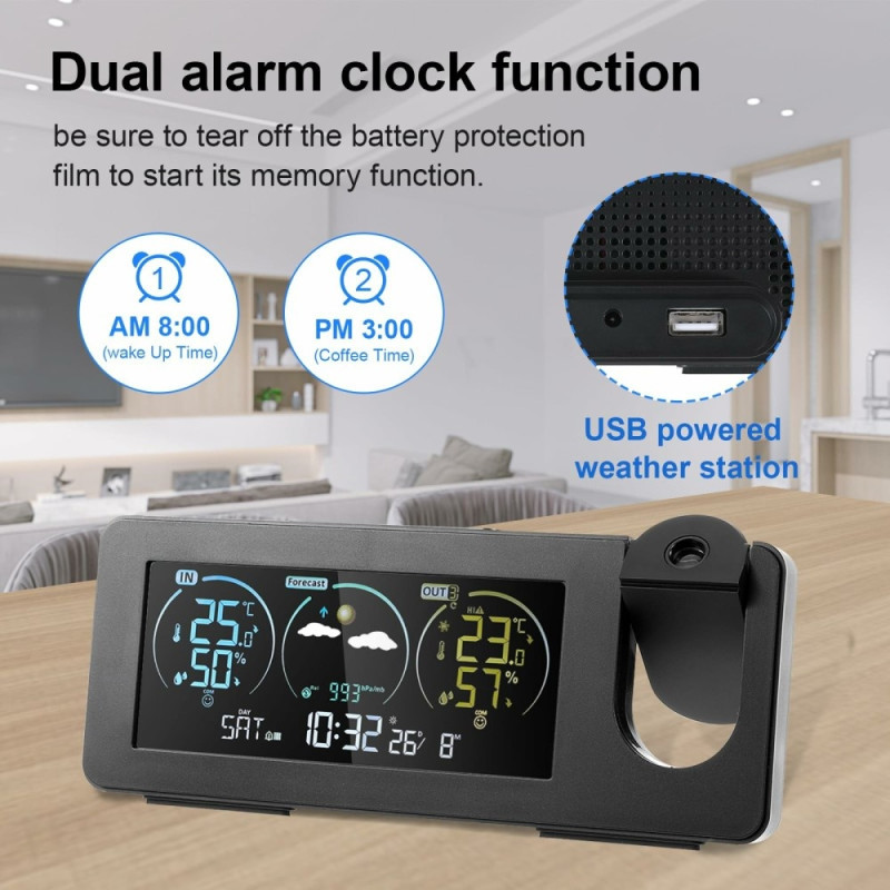 Projektionsur Kalender Vejrstation Digital alarm temperatur/fugtighedssensor