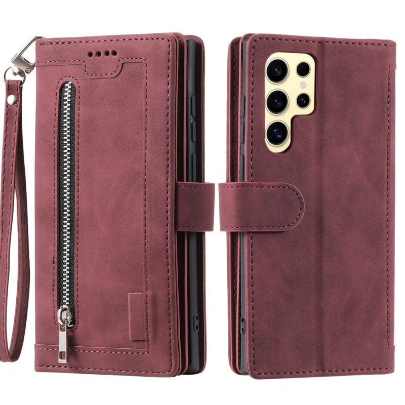For Samsung Galaxy S25 Ultra 5G Case Zipper Pocket PU Leather Phone Cover with 9 Card Slots
