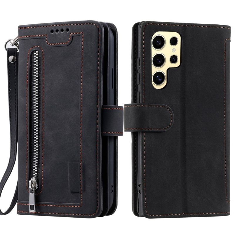 For Samsung Galaxy S25 Ultra 5G Case Zipper Pocket PU Leather Phone Cover with 9 Card Slots