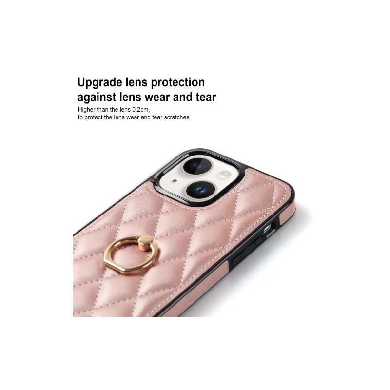 iPhone 14 Case Rhombus Grid Pattern Back Cover Ring Kickstand - Rose Gold