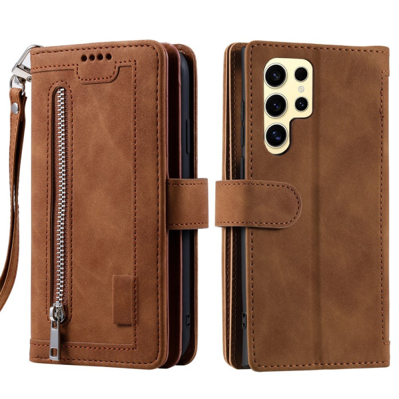For Samsung Galaxy S25 Ultra 5G Case Zipper Pocket PU Leather Phone Cover with 9 Card Slots