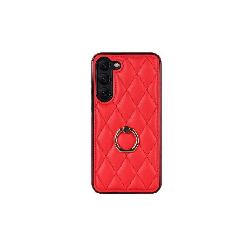 Samsung Galaxy S23 Case Rhombus Grid Pattern Back Cover Ring Kickstand - Red