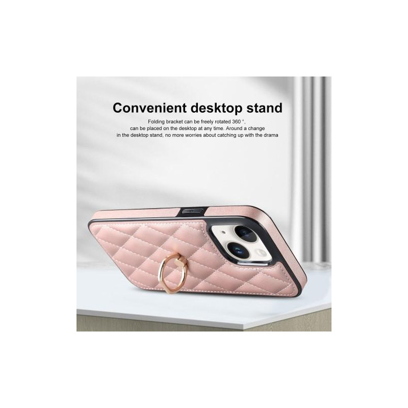 iPhone 14 Case Rhombus Grid Pattern Back Cover Ring Kickstand - Rose Gold