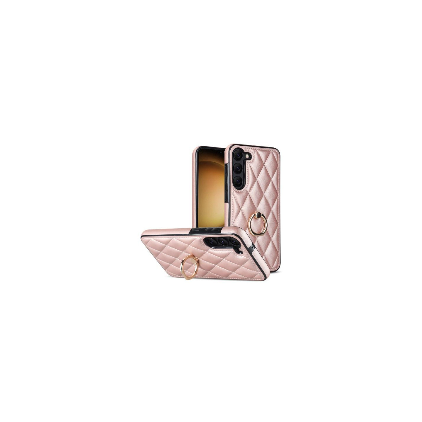 Samsung Galaxy S23 Case Rhombus Grid Pattern Back Cover Ring Kickstand - Rose Gold