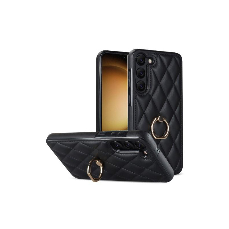 Samsung Galaxy S23 Case Rhombus Grid Pattern Back Cover Ring Kickstand - Black