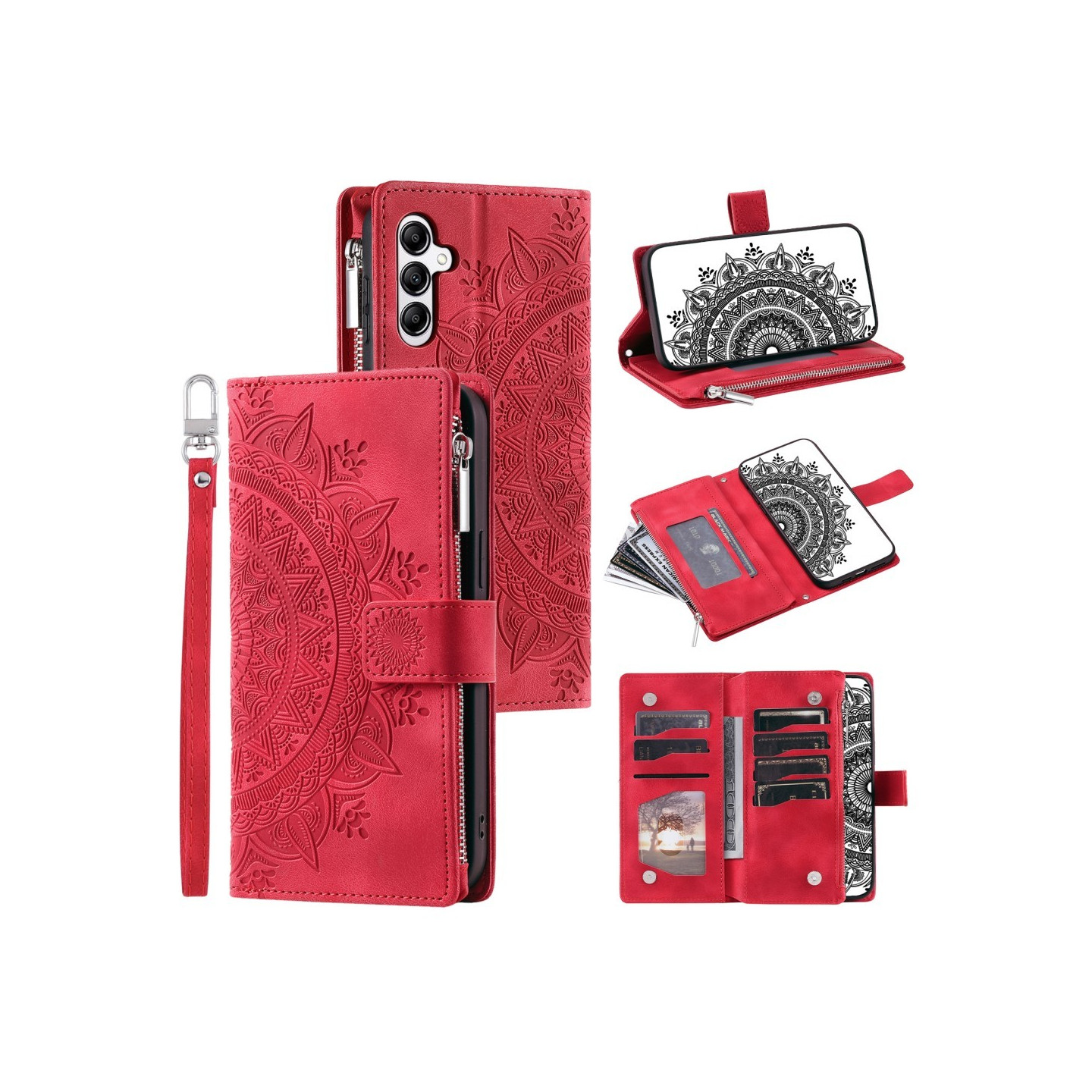 För Samsung Galaxy A56 plånboksfodral Fodral Skal Mandala blommönster - Röd