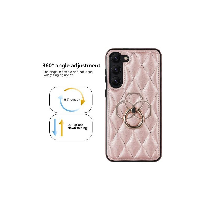 Samsung Galaxy S23 Case Rhombus Grid Pattern Back Cover Ring Kickstand - Rose Gold