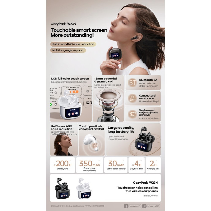 REMAX Cozypods True Wireless Earbuds Pekskärm ANC brusreducerande Bluetooth-hörlurar - Svart