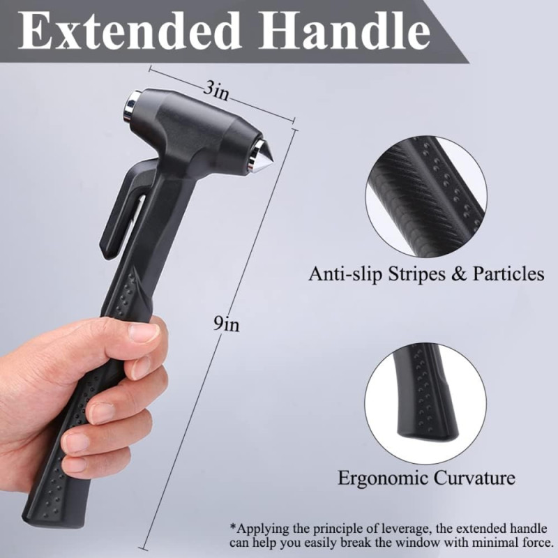 Car Hammer Window Breaker Emergency Hammer Belt Knife Long Handle - Black