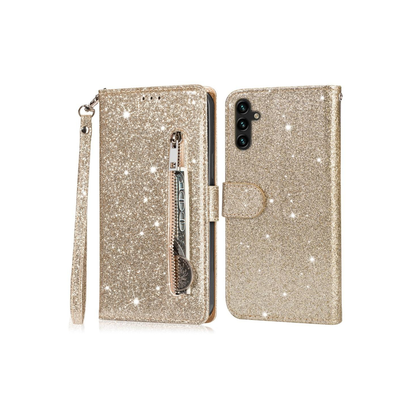 For Samsung Galaxy A56 5G Stand Case Glitter Phone Leather Cover Zipper Pocket - Gold