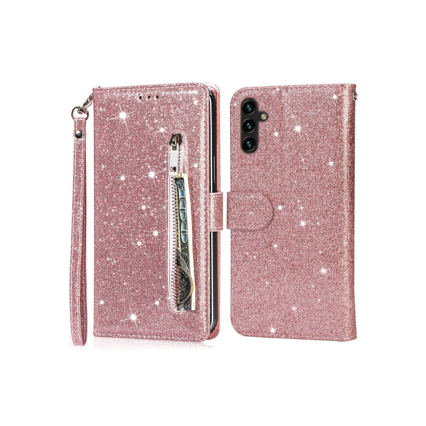 För Samsung Galaxy A56 5G Ställbart Glitterfodral med Dragkedjeficka - Rose Gold