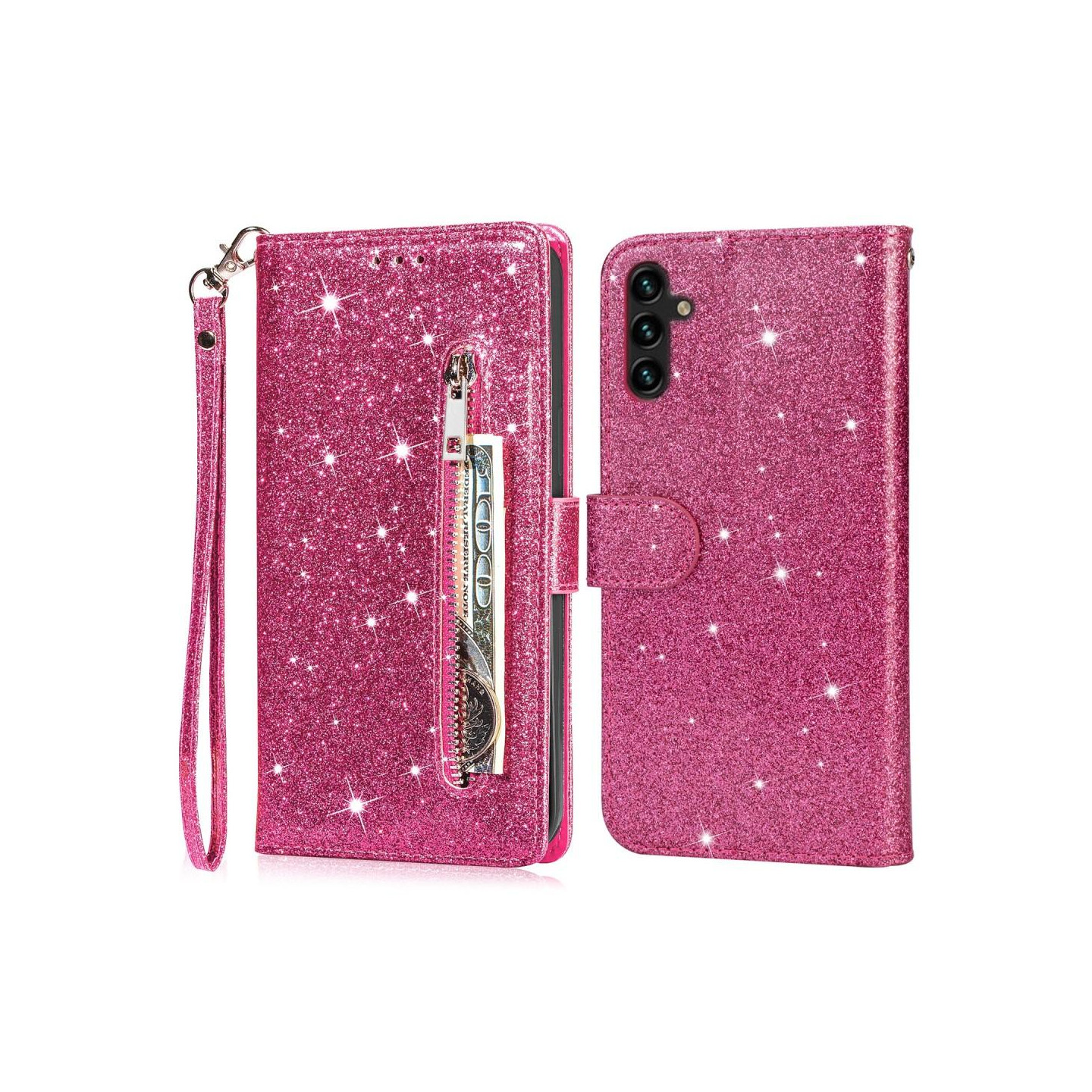 For Samsung Galaxy A56 5G Stående Glitterdeksel med Glidelåslomme - Rose