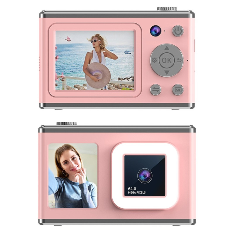 2,4" skærm med dobbelt linse videooptagelse CCD digitalkamera med 32 GB kort + læser - Pink