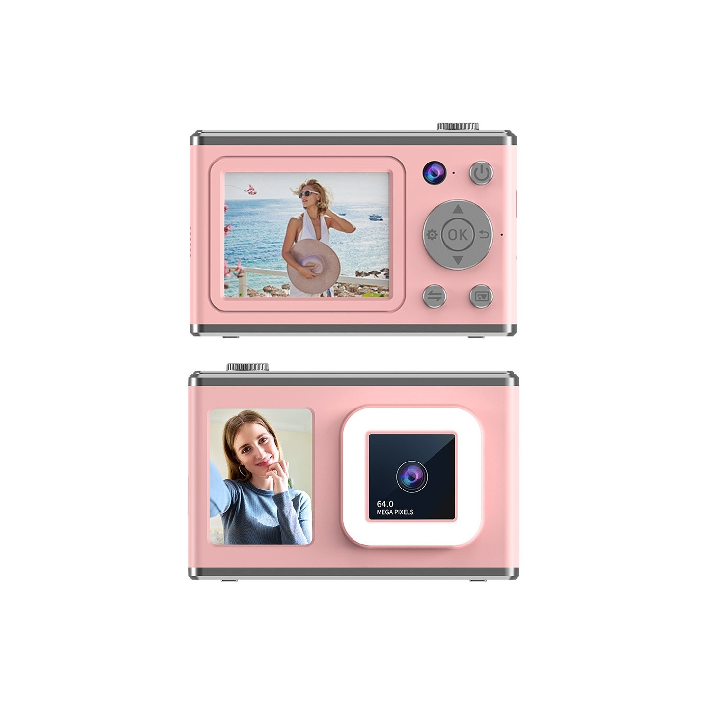 2,4" Skärm Dual Lens Videoinspelning CCD Digitalkamera med 32GB kort + Läsare - Rosa