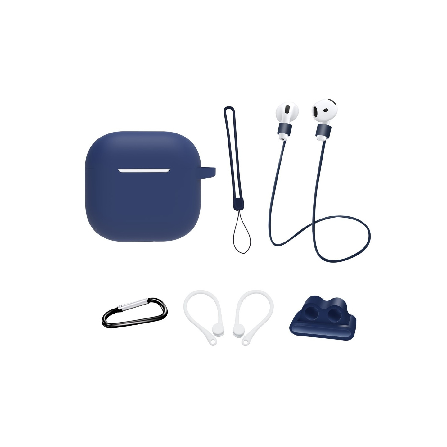 För AirPods 4 6 i 1 Tillbehör Fodral Rem Hållare Öronkrokar Nackrem Nyckelring - Midnight Blue