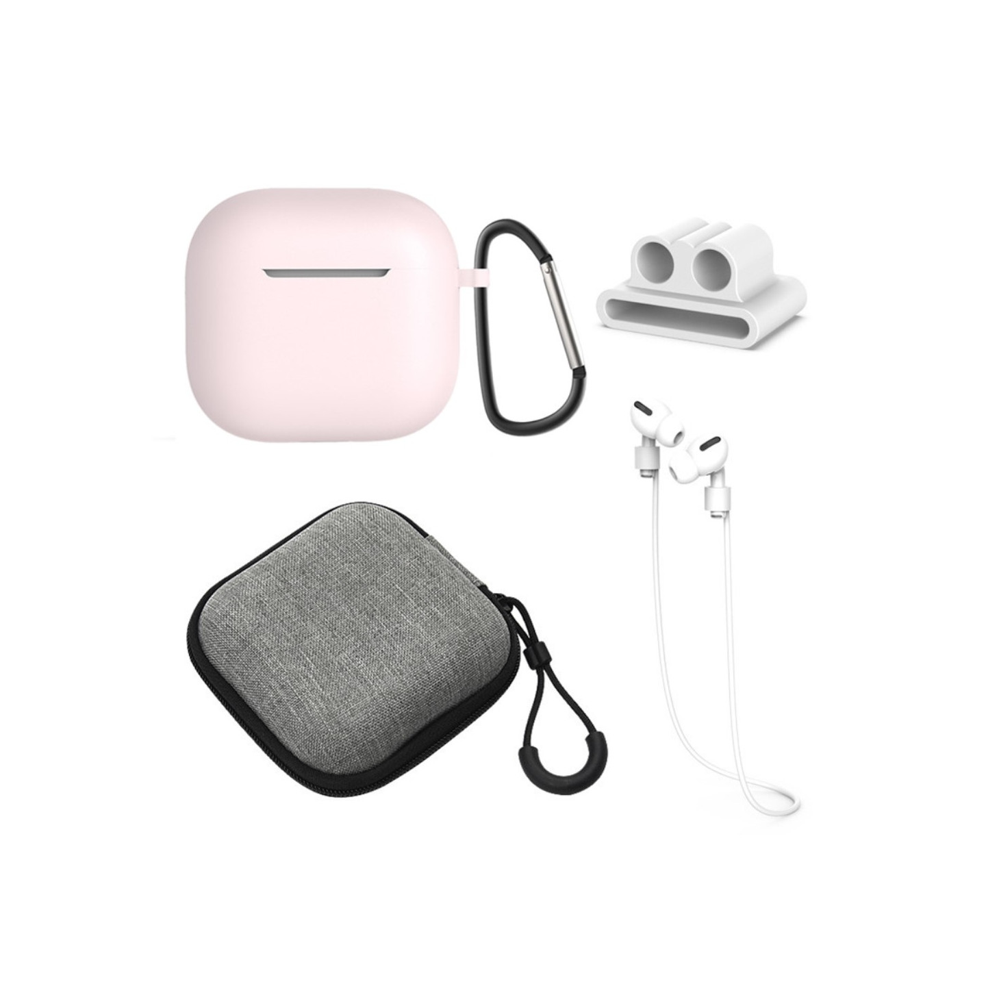 For AirPods 4 5pcs Accessories Case Storage Box Neck Strap Headphone Holder Key Ring - Pink