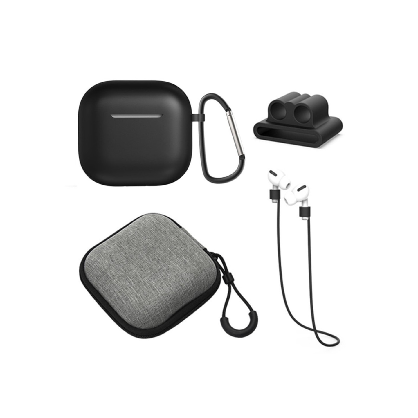AirPods 4 5 kpl Lisävarusteet Kotelo Säilytyslaatikko Kaulahihna Kuulokepidike Avaimenperä - Musta