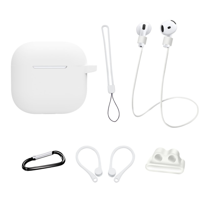 For AirPods 4 6 i 1 tilbehør Veske Stroppholder Ørekroker Halsstropp Nøkkelring - Hvit