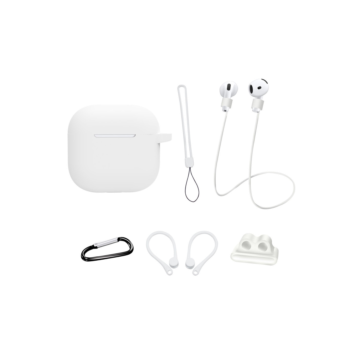 För AirPods 4 6 i 1 Tillbehör Fodral Rem Hållare Öronkrokar Nackrem Nyckelring - Vit