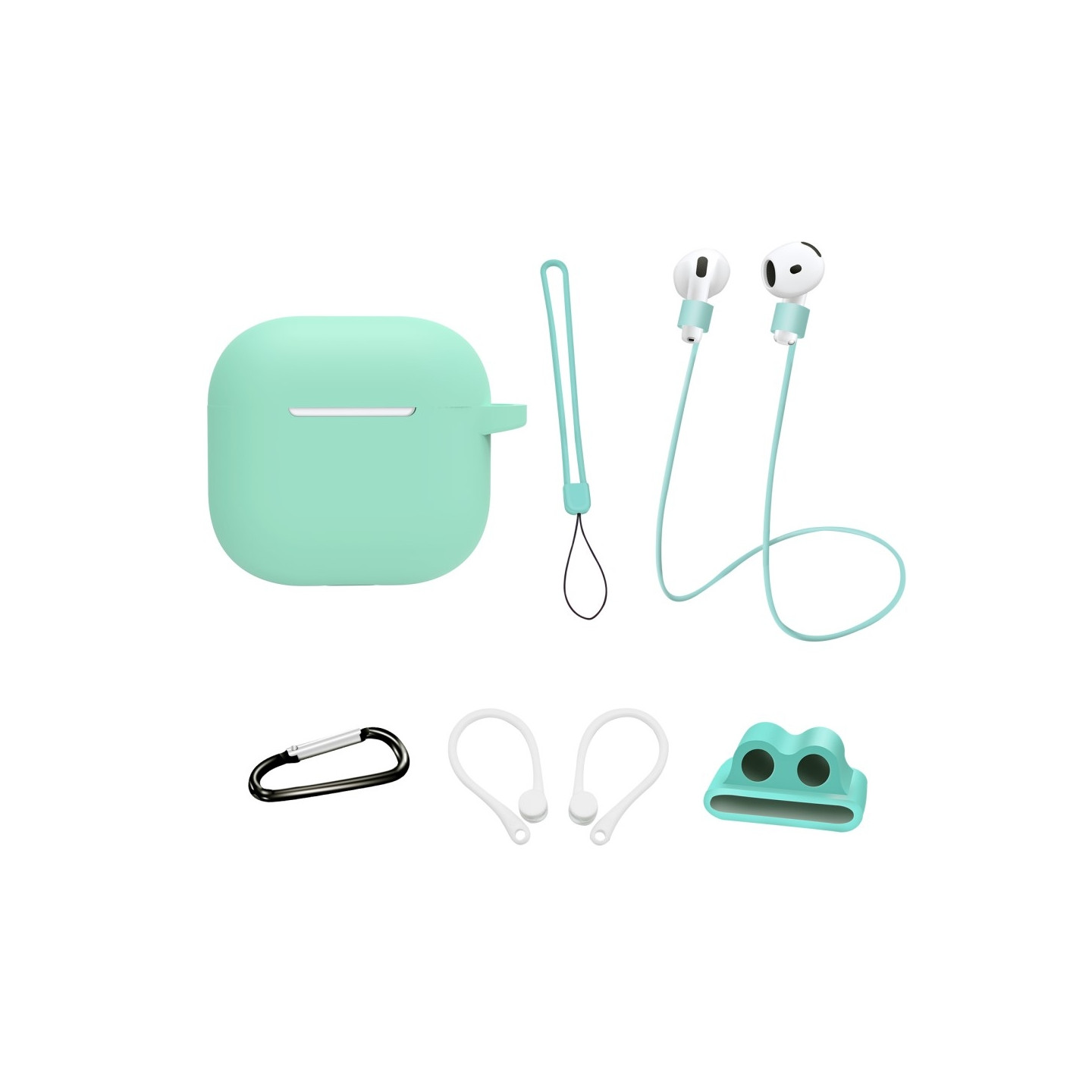 För AirPods 4 6 i 1 Tillbehör Fodral Rem Hållare Öronkrokar Nackrem Nyckelring - Mint