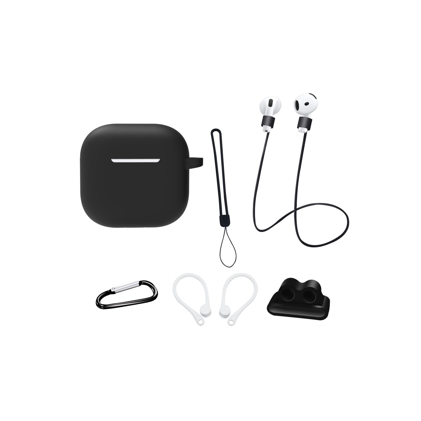 For AirPods 4 6 in 1 Accessories Case Strap Holder Ear Hooks Neck Strap Key Ring - Black