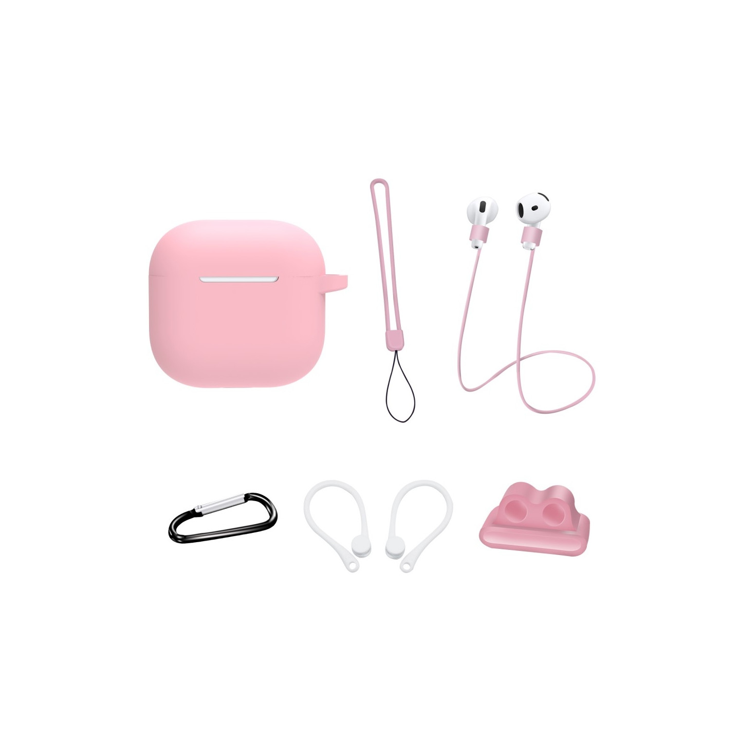 AirPods 4 6 in 1 -tarvikkeet kotelo hihnapidike korvakoukut kaulahihna avainrengas - Vaaleanpunainen