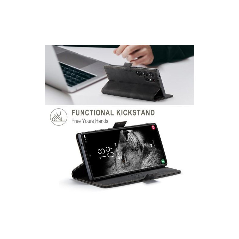 AUTSPACE A01 Retro tegnebog taske til Samsung Galaxy S23 Ultra - Sort