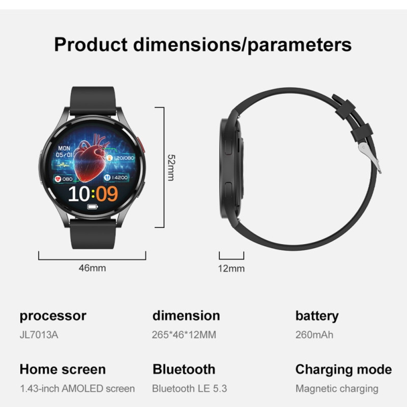 1,43-tommer AMOLED Skærm Smartwatch – EKG, Pulsmåler, Bluetooth-opkald – Sort