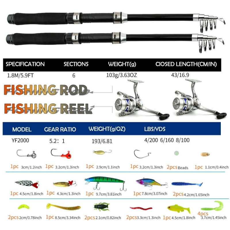 2 Fishing rods + accessories fishing rod 1.8 m telescopic rod fishing gear with reel