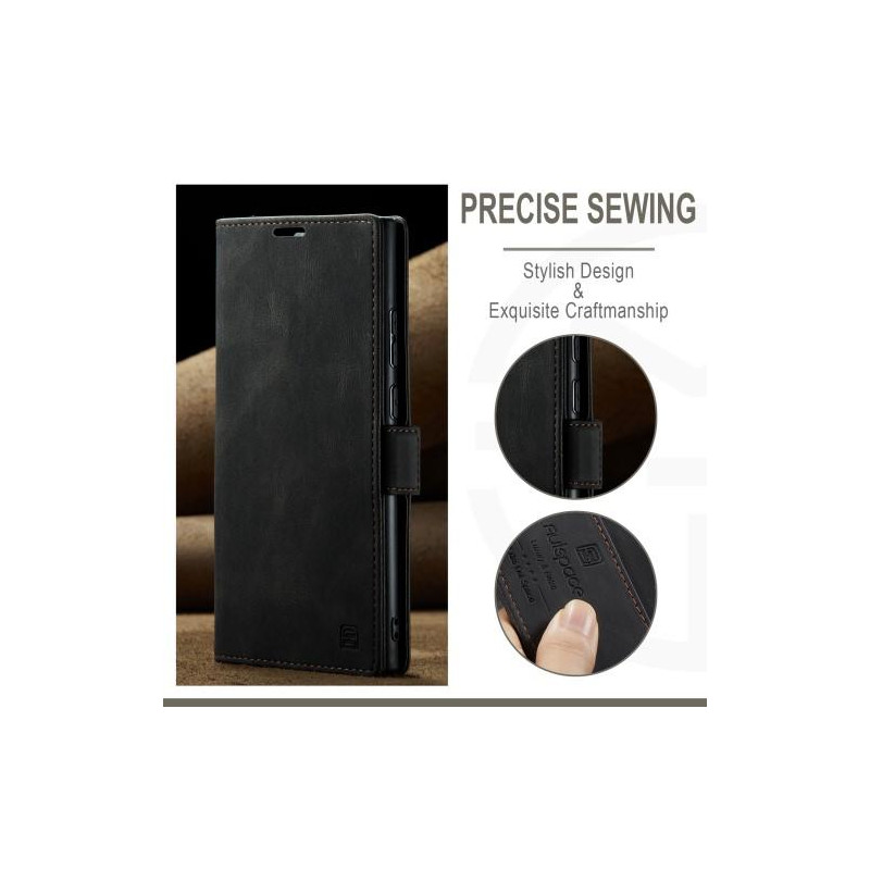 AUTSPACE A01 Retro tegnebog taske til Samsung Galaxy S23 Ultra - Sort