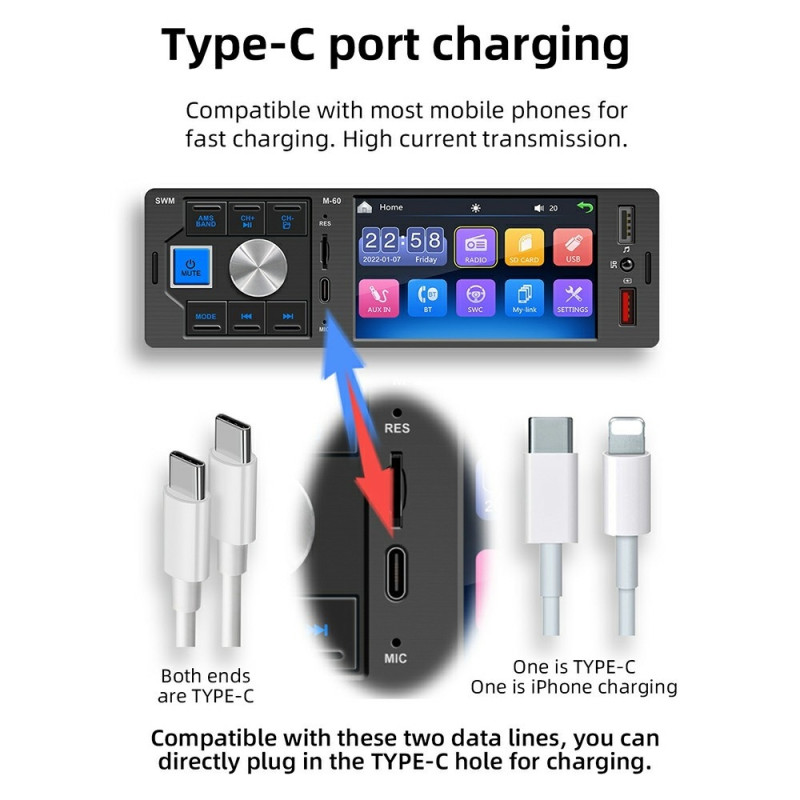 Bilstereo M-60 4,1-tommers HD Touchscreen MP5 Bluetooth Dual USB Reverse Image Player