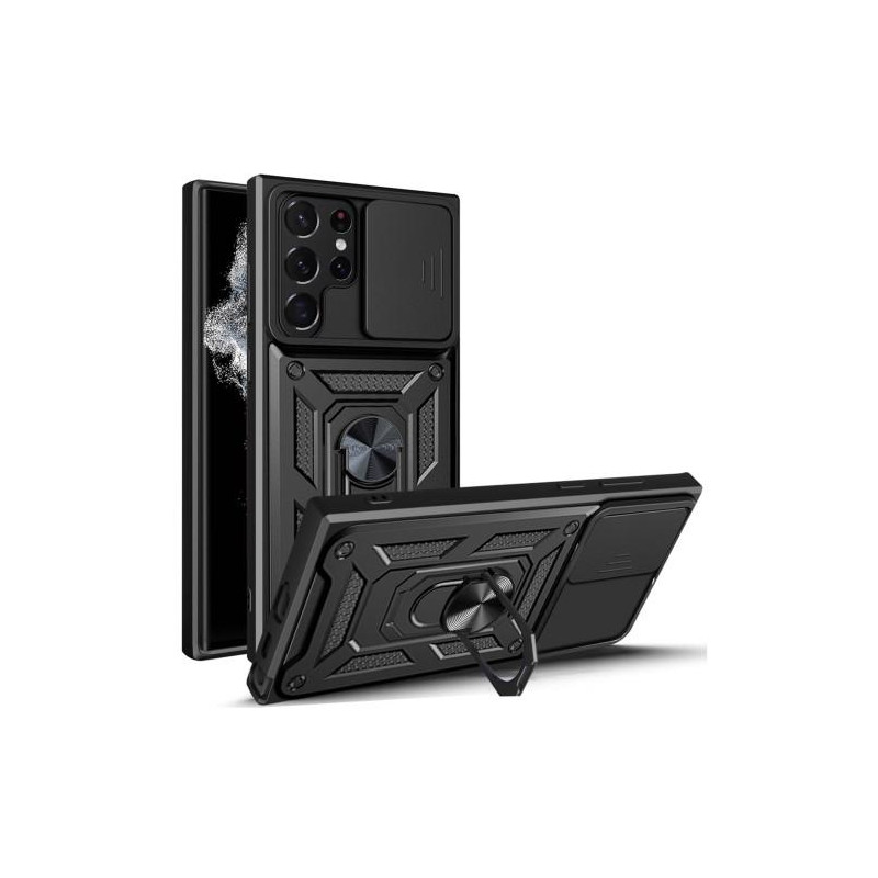 Samsung Galaxy S23 Ultra Shockproof TPU + PC Kickstand Phone Case Car Mount Metal Sheet - Black