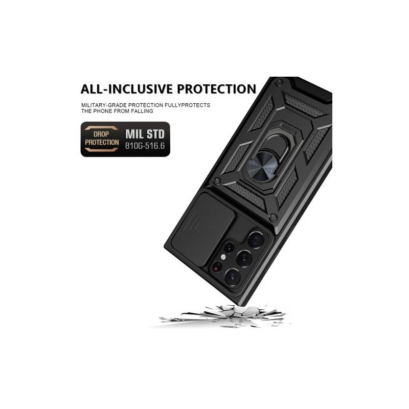 Samsung Galaxy S23 Ultra Stødsikker TPU+PC Kickstand Telefontaske Bilmontering Metalplade - Sort