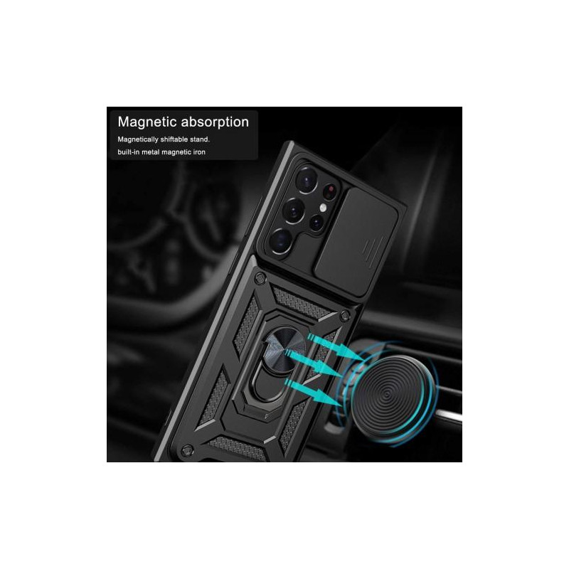 Samsung Galaxy S23 Ultra Hybrid Deksel Med Fingerring & Metallplate - Svart