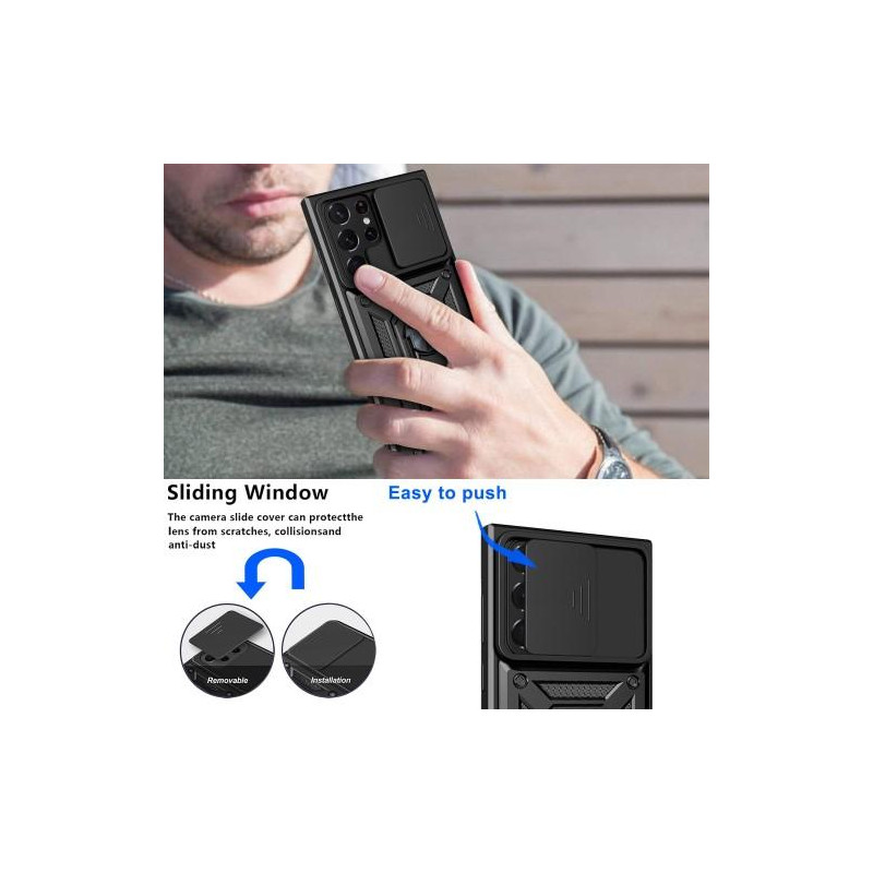 Samsung Galaxy S23 Ultra Hybrid Deksel Med Fingerring & Metallplate - Svart