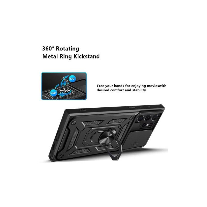 Samsung Galaxy S23 Ultra iskunkestävä TPU+PC Kickstand Puhelinkotelo Autoteline Metallilevy - Musta