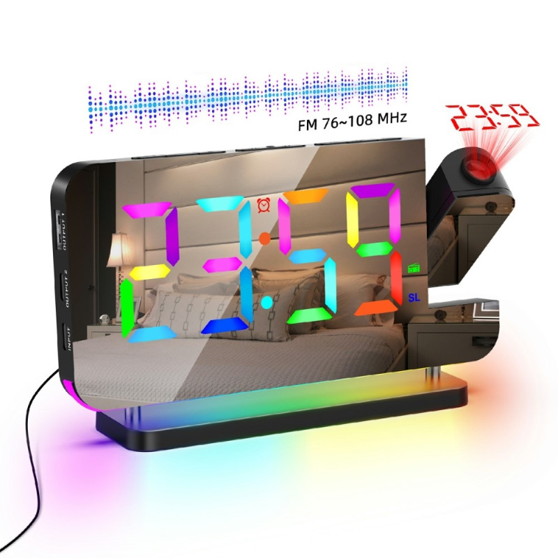 Fargerikt nattlys FM-radioprojeksjonsklokke LED elektronisk vekkerklokke