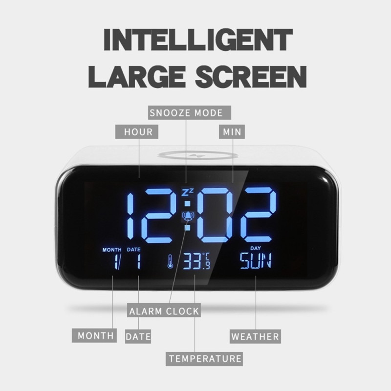 Vækkeur Natlys Bluetooth-højttaler 15W Trådløs opladning Stor skærm