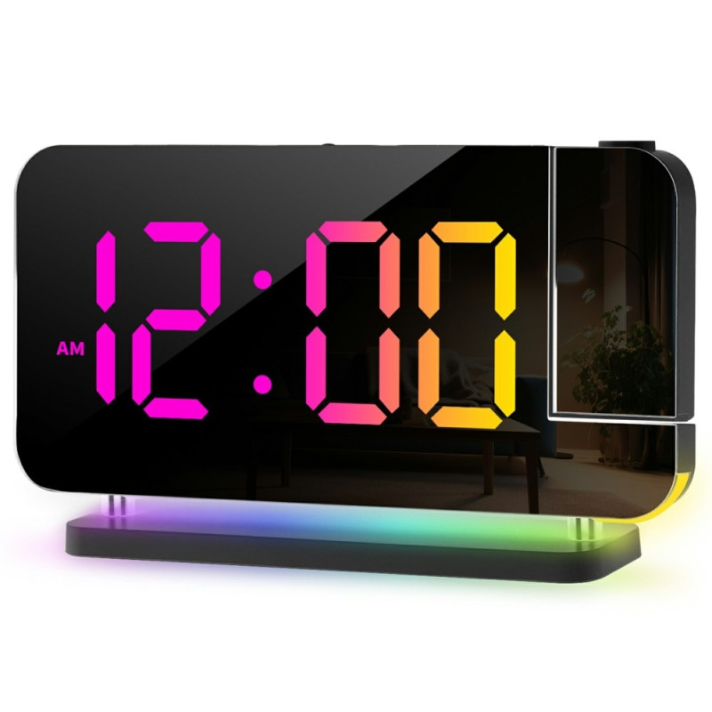 Mirror display Digital Alarm clock adjustable brightness dynamic color - black