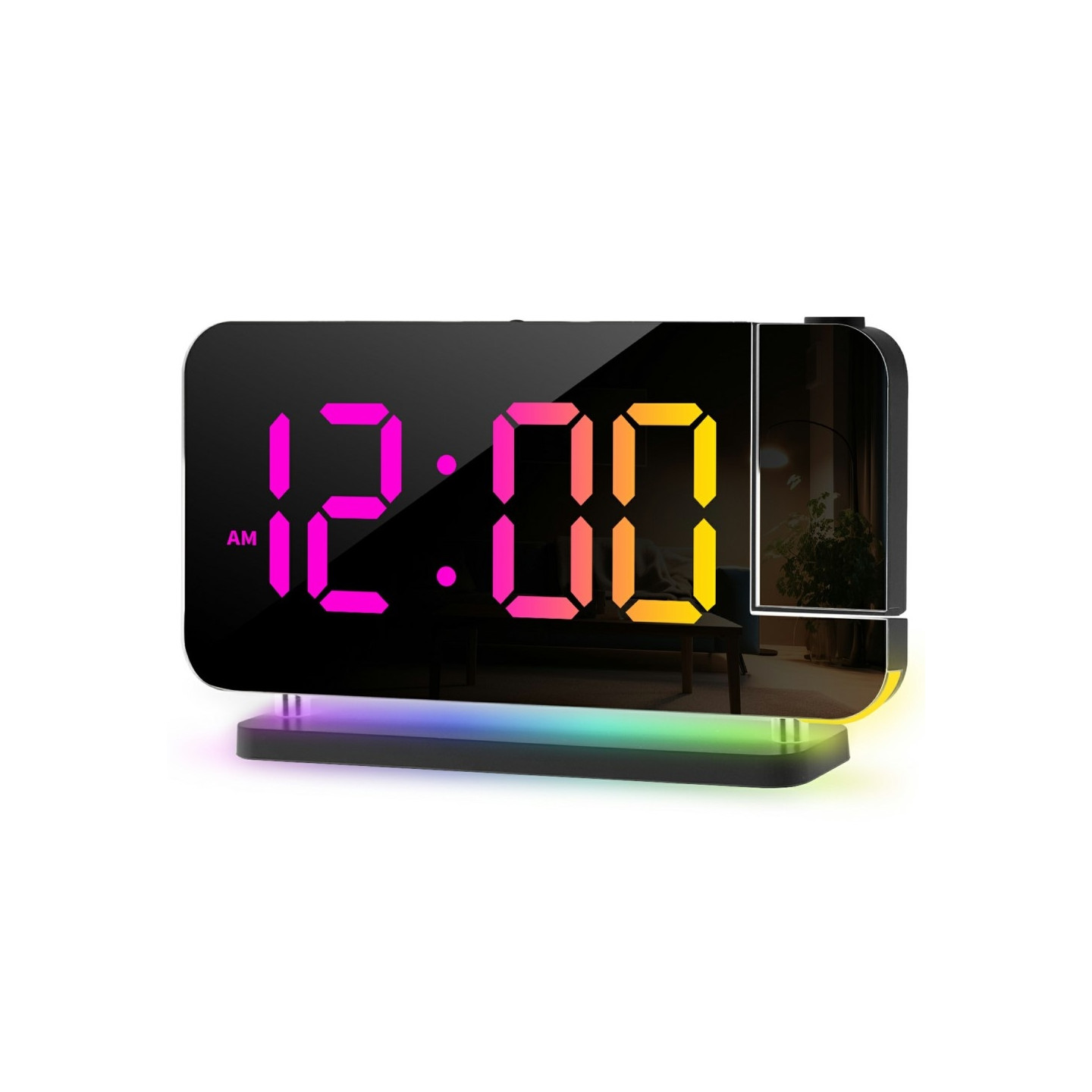 Mirror display Digital Alarm clock adjustable brightness dynamic color - black