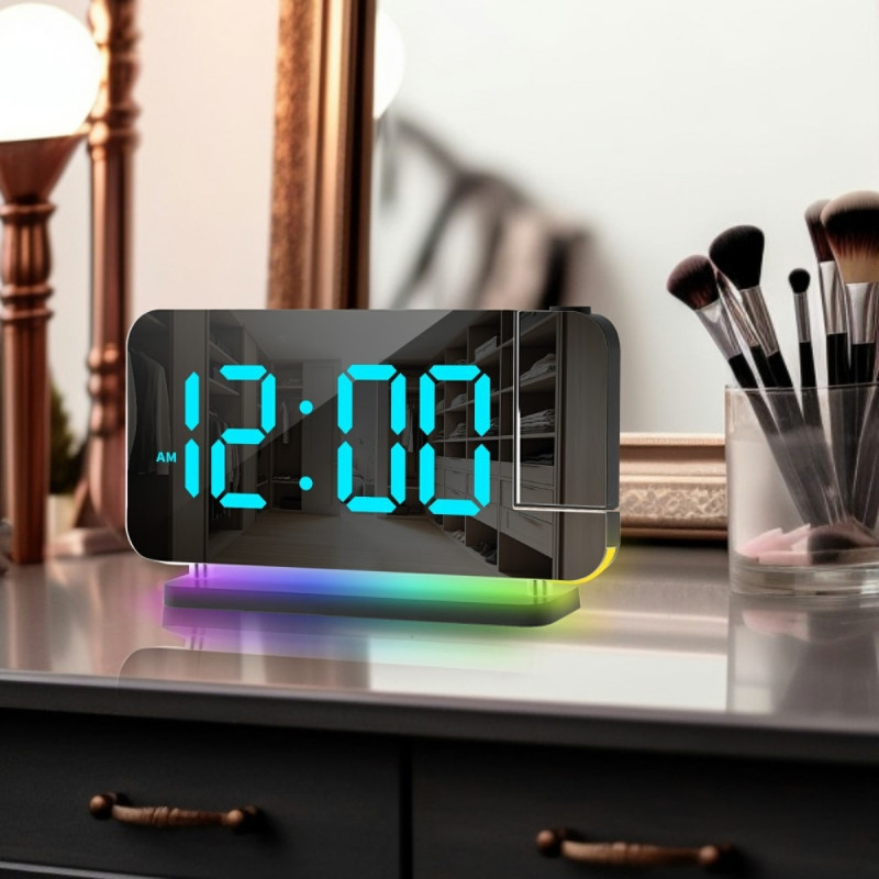 Mirror display Digital Alarm clock adjustable brightness dynamic color - black