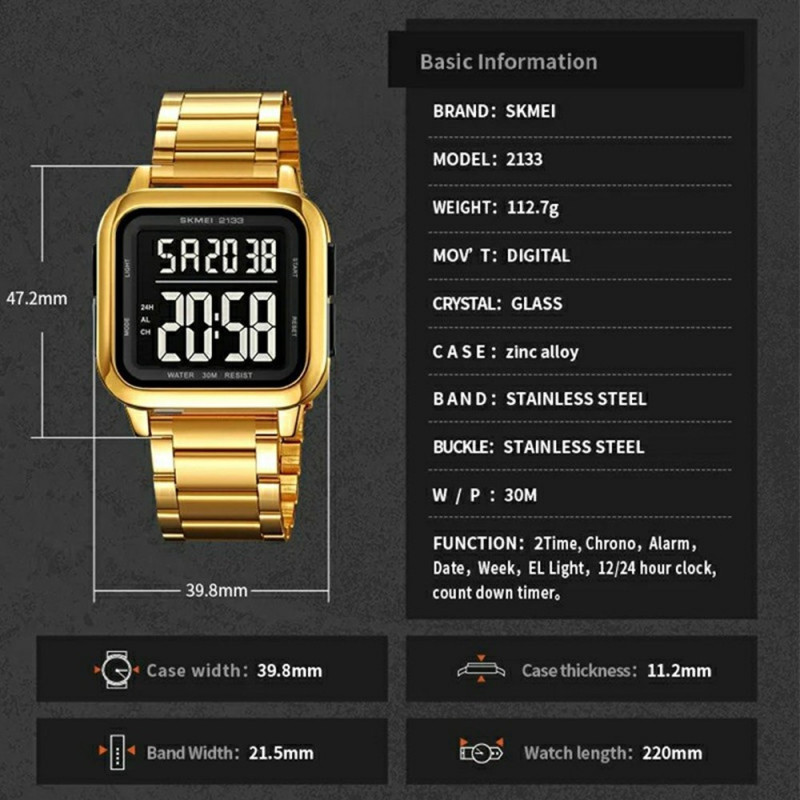 SKMEI Digital Electronic Wrist Watch Watch Steel Strap Square - Gold