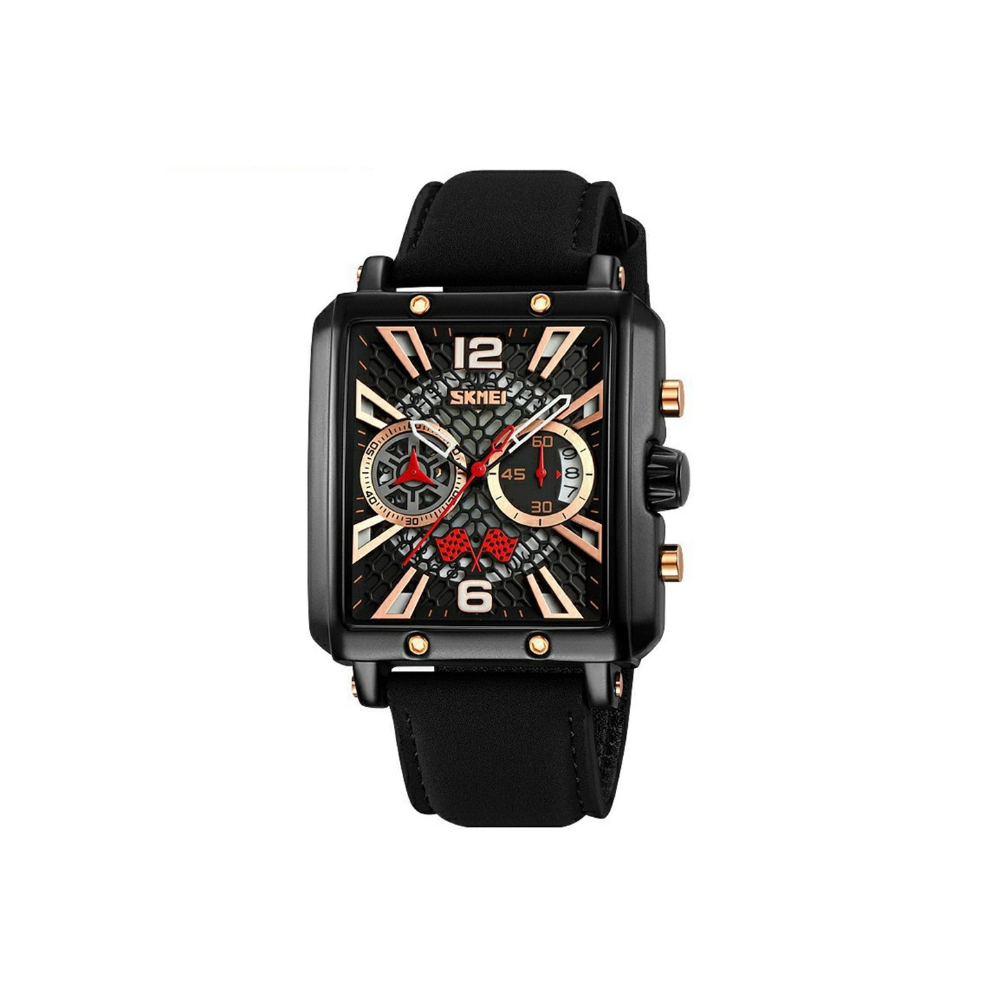 SKMEI Wristwatch Watch For Men Leather Strap Square Quartz Watch - Black+Black