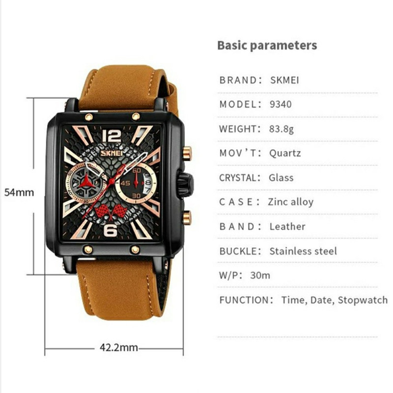 SKMEI Wristwatch Watch For Men Leather Strap Square Quartz Watch - Brown+Black