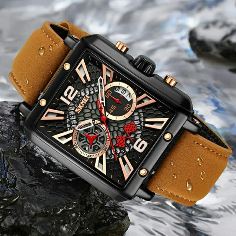 SKMEI Wristwatch Watch For Men Leather Strap Square Quartz Watch - Black+Black