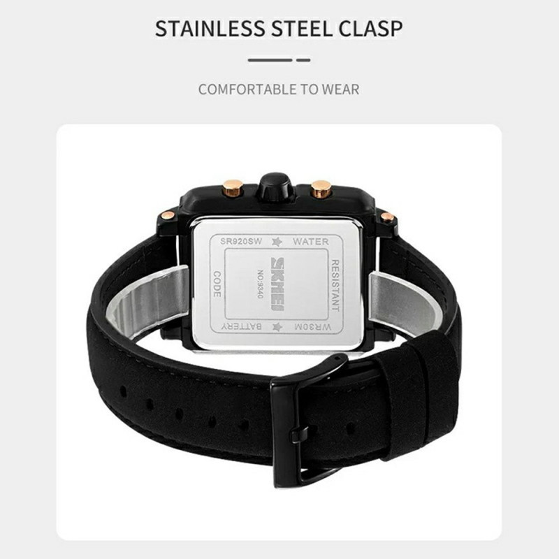 SKMEI Armbåndsur Til Mænd Læderrem Firkantet Quartz Ur - Sort+Blå