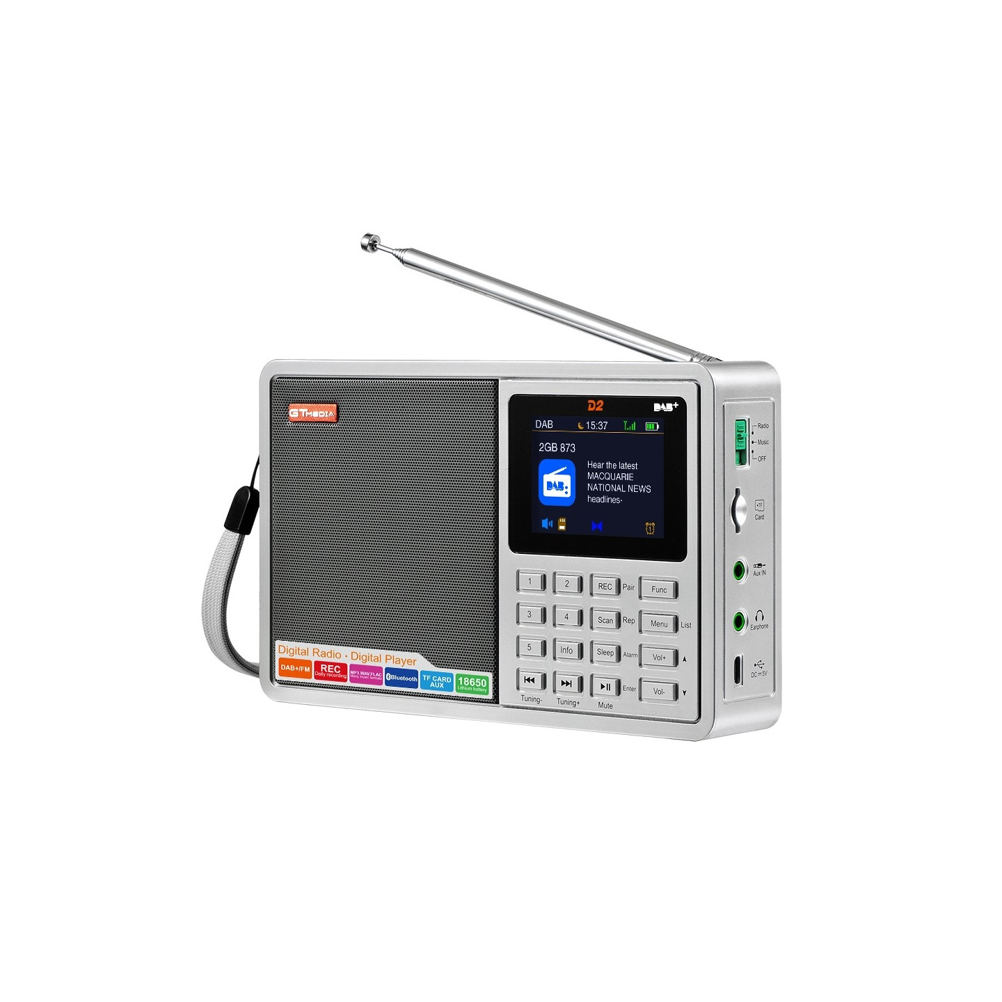 Digital radiomottaker DAB+FM RDS Bluetooth MP3 - spiller REC - opptaker TF - kort