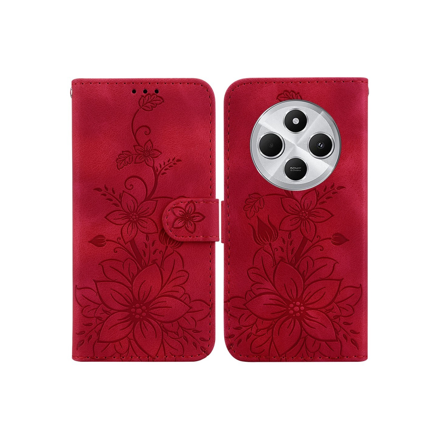 Xiaomi Redmi 14C 4G Suojakuori Lily Flower Imprint Nahkainen Puhelinsuojus Jalustalla